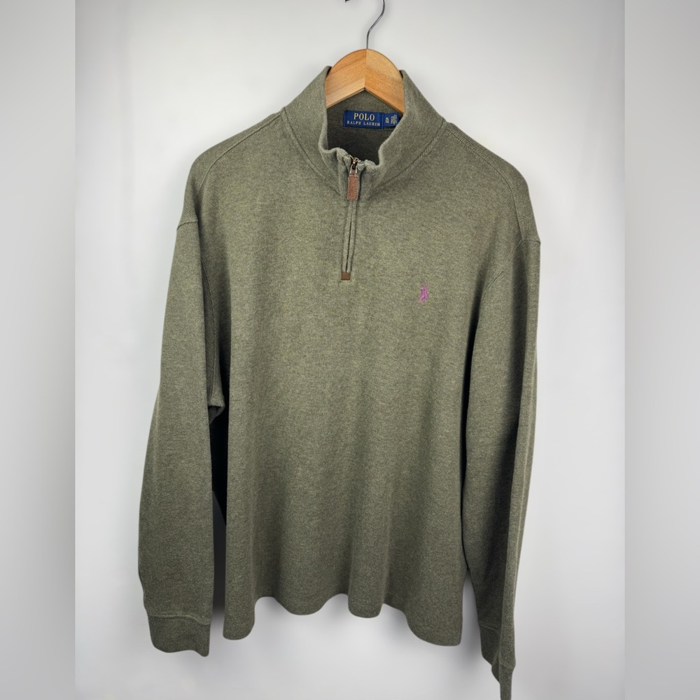 Polo Ralph Lauren Men’s‎ Olive Green 100% Cotton 1/4 Zip Sweater Purple Pony XL